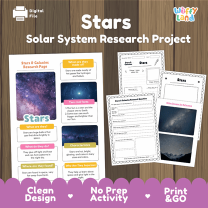 Digital file preview for a 'Stars Solar System Research Project' activity sheet set by Wiffy Land, featuring colorful educational worksheets and a research page on a dark wood background with a purple banner at the bottom.