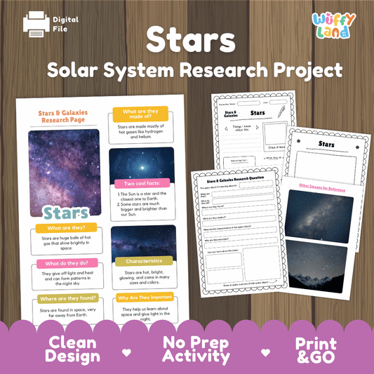 Digital file preview for a 'Stars Solar System Research Project' activity sheet set by Wiffy Land, featuring colorful educational worksheets and a research page on a dark wood background with a purple banner at the bottom.