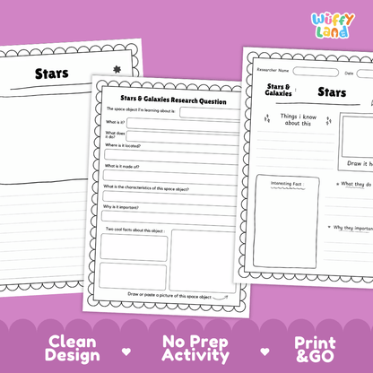 Three printable worksheet pages for studying stars and galaxies are displayed on a pink background with decorative text reading 'Clean Design', 'No Prep Activity', and 'Print & Go'. The worksheets are white with black text and lines, and the brand name 'Wiffly Land' appears in the top right corner.