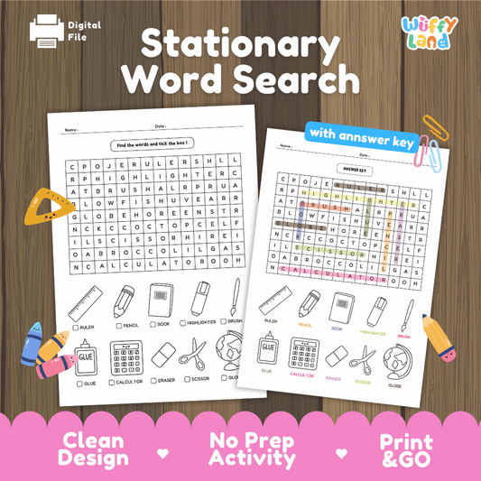 Stationary Word Search with answer key printable school supplies vocabulary and coloring activity pack overview from Wuffy Land 🎒✏️