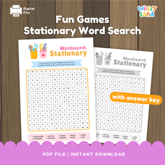 A colorful educational word search puzzle titled "Stationary Word Search," designed for children. The left side shows the puzzle in full color, while the right side displays a grayscale version labeled "with answer key." The puzzle grid contains hidden words related to stationary items, including highlighter, sharpener, stapler, eraser, crayon, scissors, notebook, ruler, pen, pencil, paper, and glue. A playful and engaging activity to boost vocabulary and spelling skills.