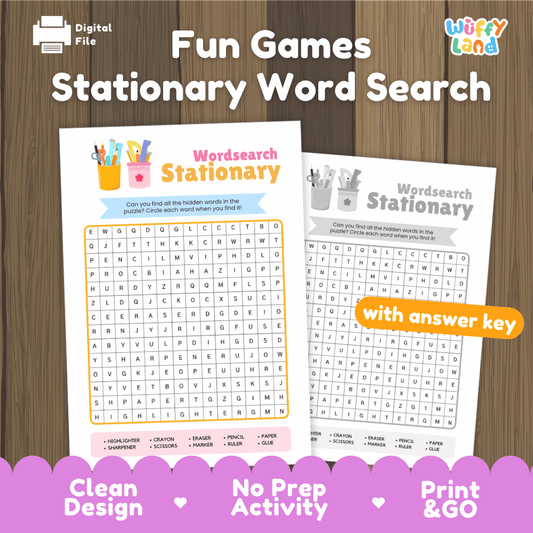 Stationery word search printable back to school vocabulary activity pack overview from Wuffy Land featuring puzzle sheets and answer key ✏️🎒