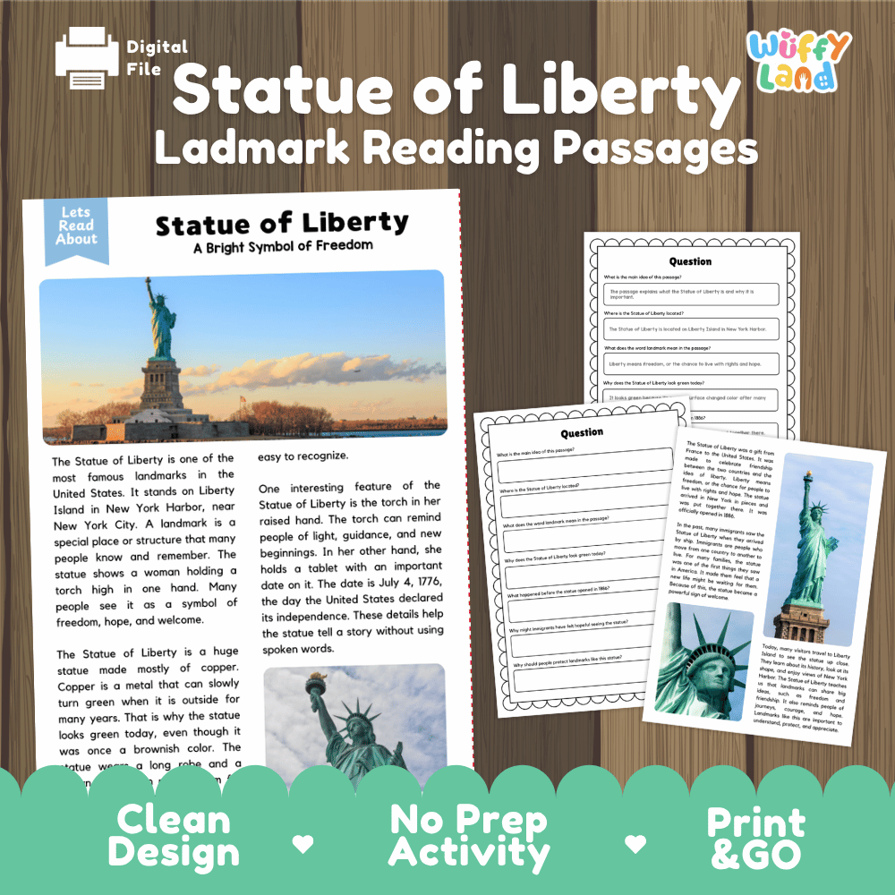 Statue of Liberty Landmark Reading Passages and Comprehension Worksheets
