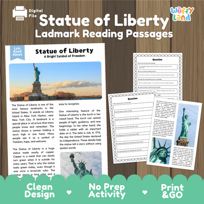 Statue of Liberty Landmark Reading Passages and Comprehension Worksheets