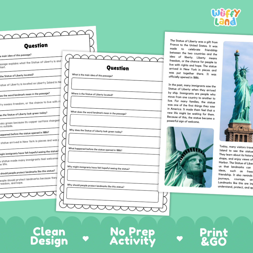 Statue of Liberty Landmark Reading Passages and Comprehension Worksheets