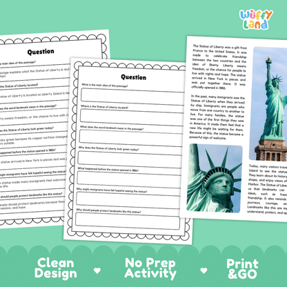Statue of Liberty Landmark Reading Passages and Comprehension Worksheets