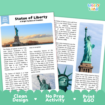 Statue of Liberty Landmark Reading Passages and Comprehension Worksheets