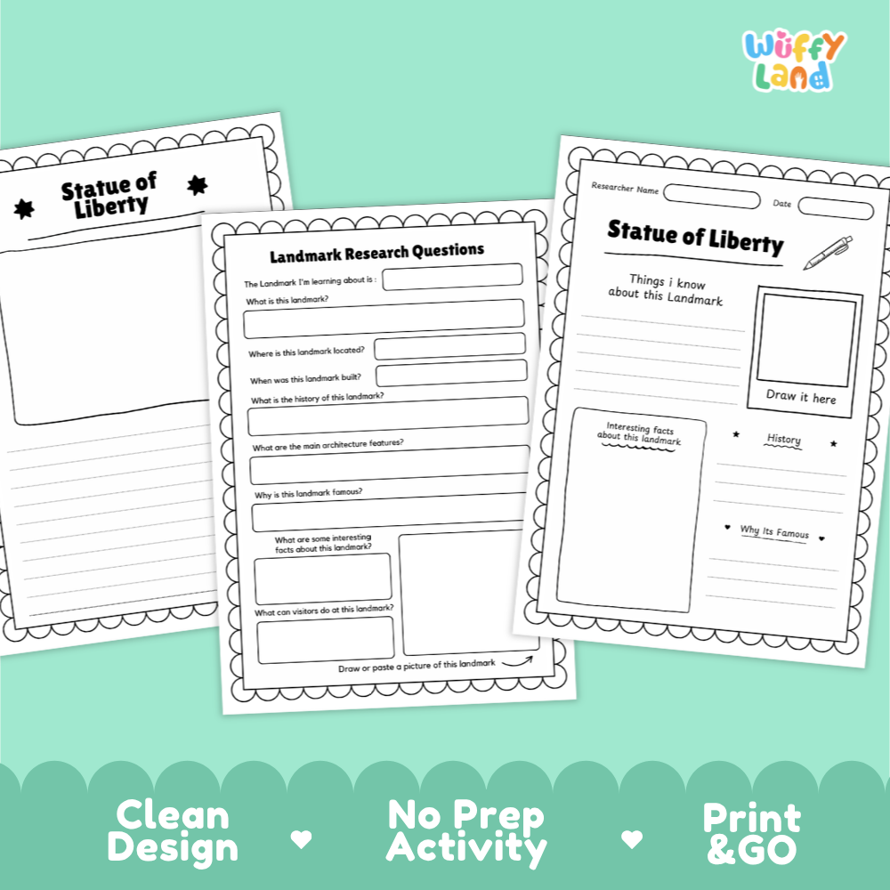 Three printable worksheet pages about the Statue of Liberty are shown on a mint green background with promotional text at the bottom. The sheets include writing prompts, a drawing box, and fill-in sections.