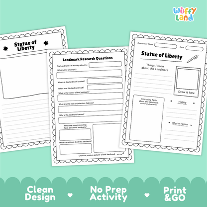 Three printable worksheet pages about the Statue of Liberty are shown on a mint green background with promotional text at the bottom. The sheets include writing prompts, a drawing box, and fill-in sections.