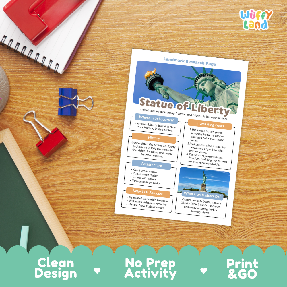 A printed educational poster about the Statue of Liberty laid on a wooden desk, surrounded by school supplies including a spiral notebook, binder clips, and a chalkboard. The poster has a blue header and colorful text blocks.