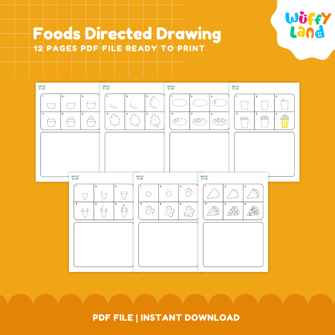Printable directed drawing worksheets showing 6-step guided guides for drawing a popcorn bucket and ice cream cone with practice box 🍿🍦