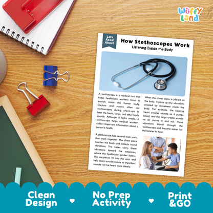 Printable student worksheet with short-answer reading comprehension questions covering stethoscopes and medical tools