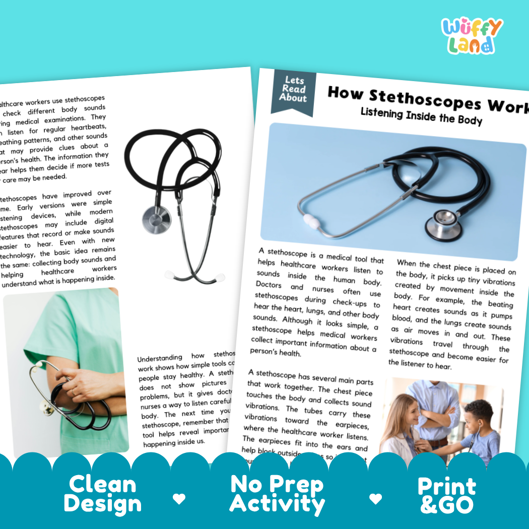 Complete teacher answer key worksheet providing detailed model responses for stethoscope comprehension questions
