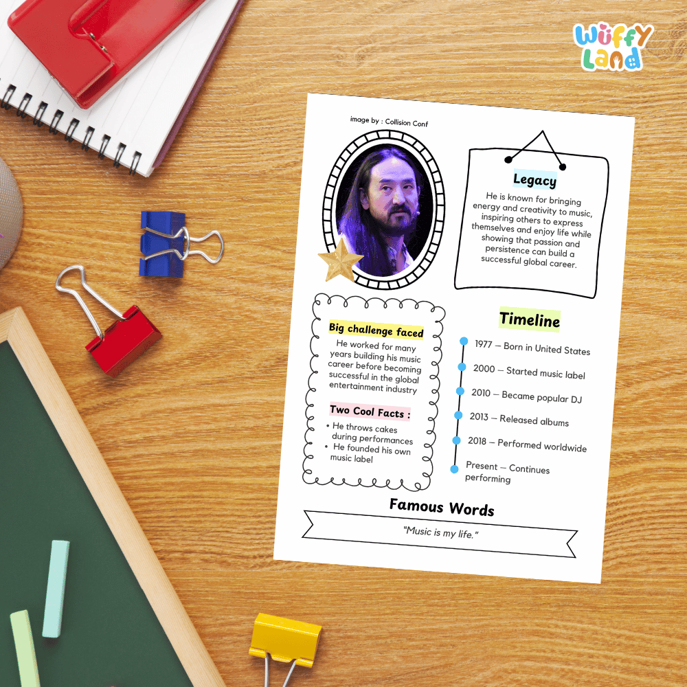 Guided research question worksheet organizer for students to research facts, challenges, and the legacy of Steve Aoki