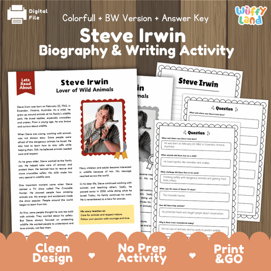 Steve Irwin biography reading comprehension worksheets with nonfiction passage, comprehension questions, writing activity and answer key for students