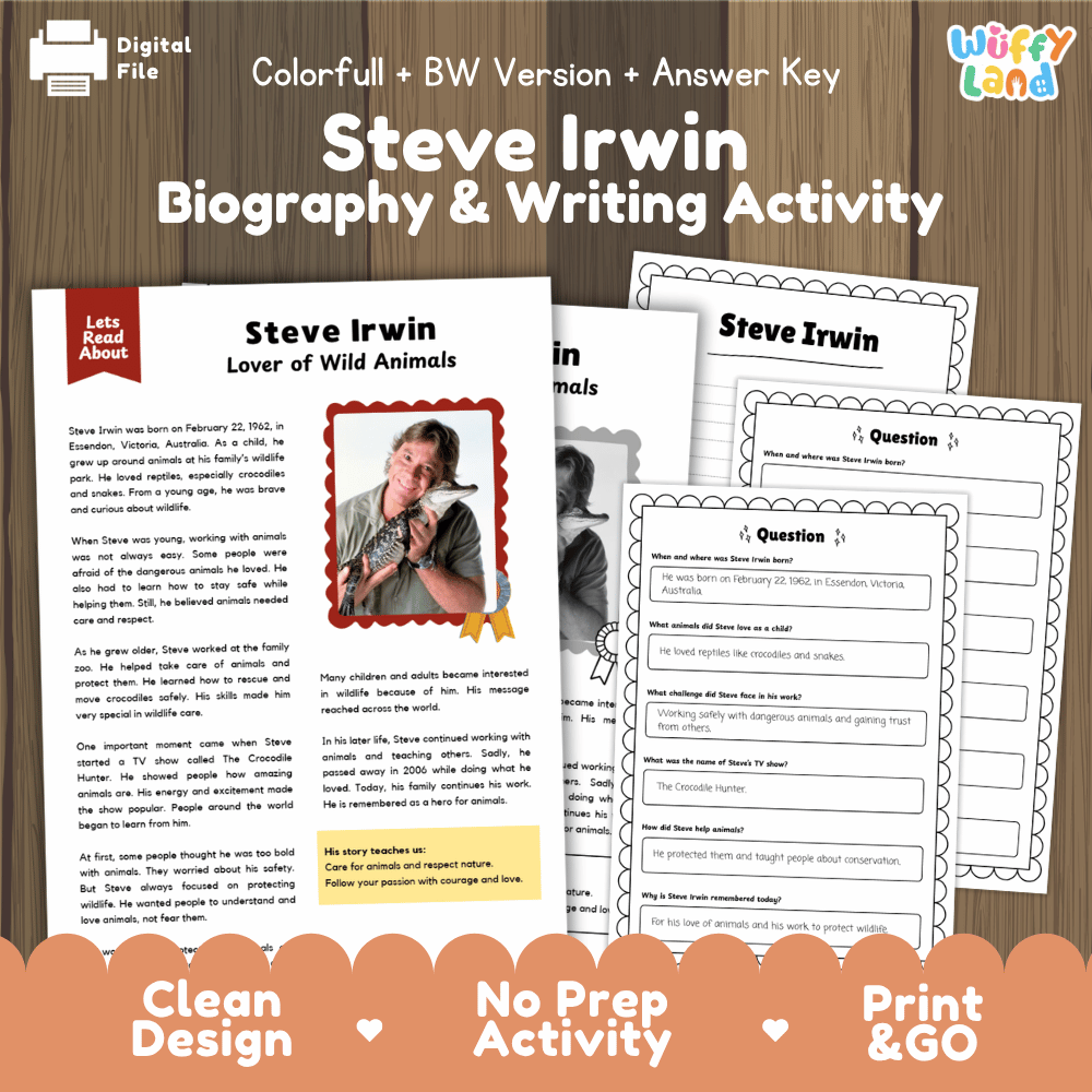 Steve Irwin Biography Reading Passage and Writing Activity Worksheets