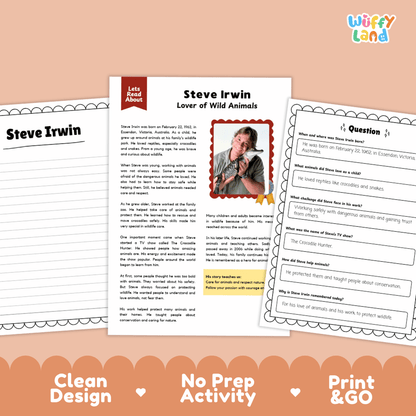 Steve Irwin Biography Reading Passage and Writing Activity Worksheets