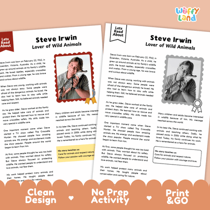 Steve Irwin Biography Reading Passage and Writing Activity Worksheets