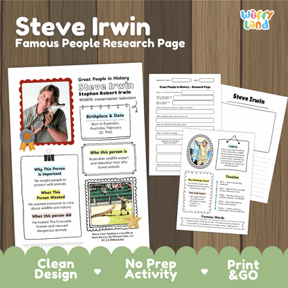 Steve Irwin Biography Research Project and Worksheets - Famous People in History