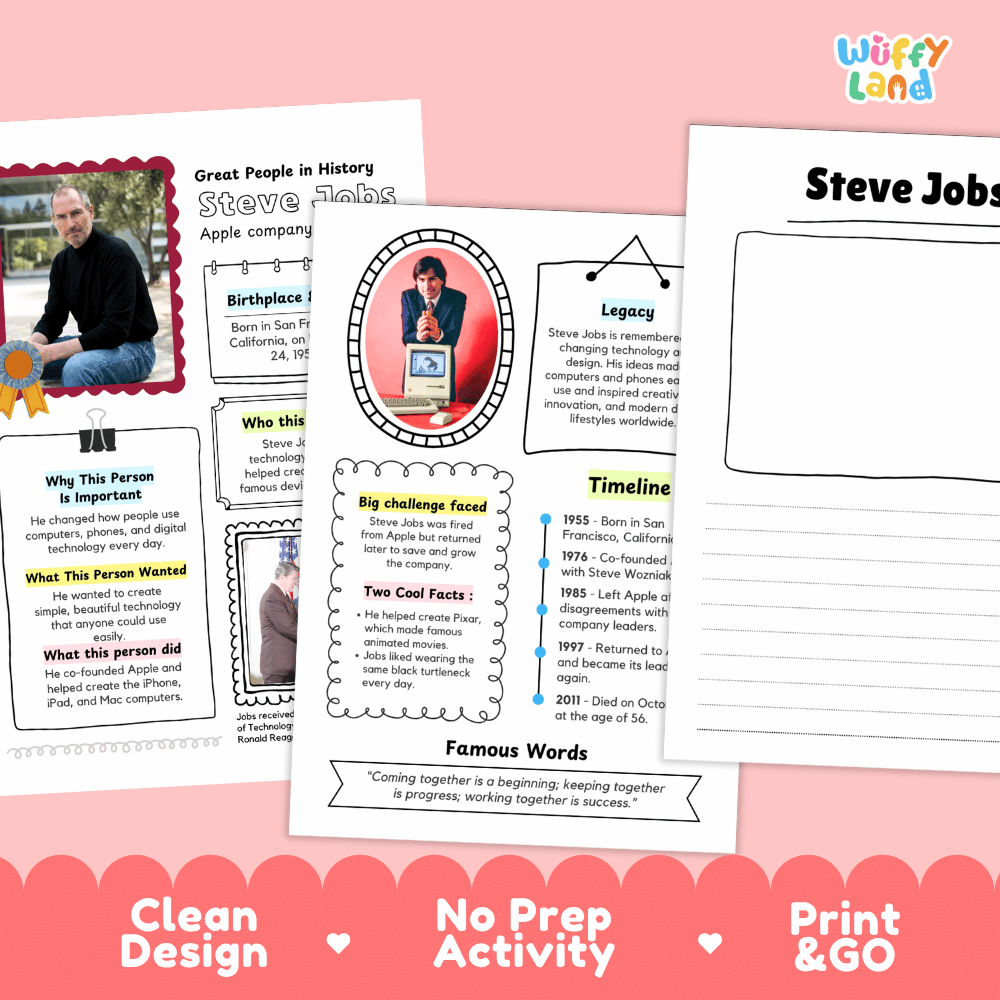 Two educational worksheet pages about Steve Jobs and Steve Walton displayed on a pink background with a scalloped pink banner reading 'Clean Design', 'No Prep Activity', and 'Print & GO'. The pages contain text boxes, timelines, and photo placeholders.