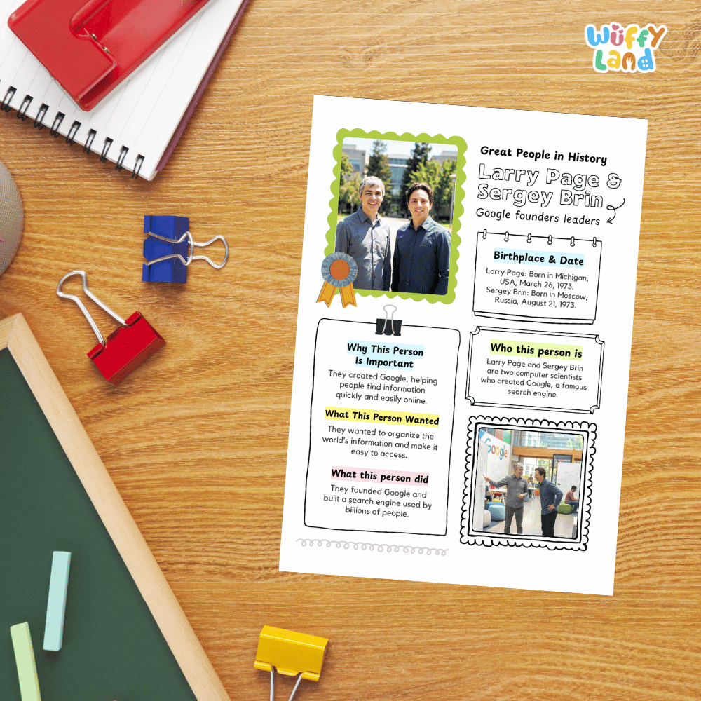 A printed personalized history worksheet about Larry Page and Sergey Brin is laid on a wooden desk with school supplies around it, including a spiral notebook, red and blue binder clips, chalk, and a green board.