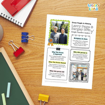 A printed personalized history worksheet about Larry Page and Sergey Brin is laid on a wooden desk with school supplies around it, including a spiral notebook, red and blue binder clips, chalk, and a green board.