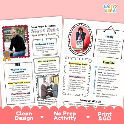 Two printable educational activity sheets about Steve Jobs, shown on a pink background with the brand name 'Wiffly Land' at the top. The sheets contain text boxes, a timeline, and a photo placeholder area, with decorative pink banner elements along the bottom.