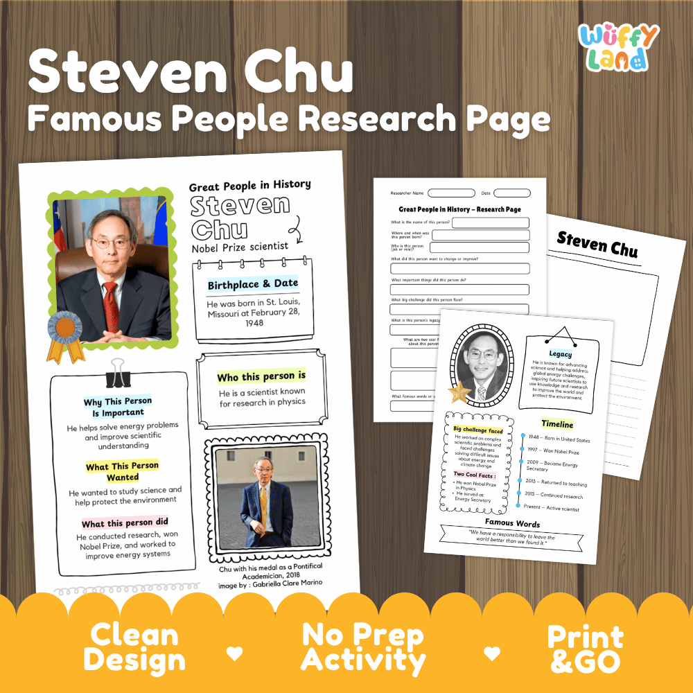 Steven Chu biography research worksheets pack featuring graphic organizers, timeline activity, and student writing template
