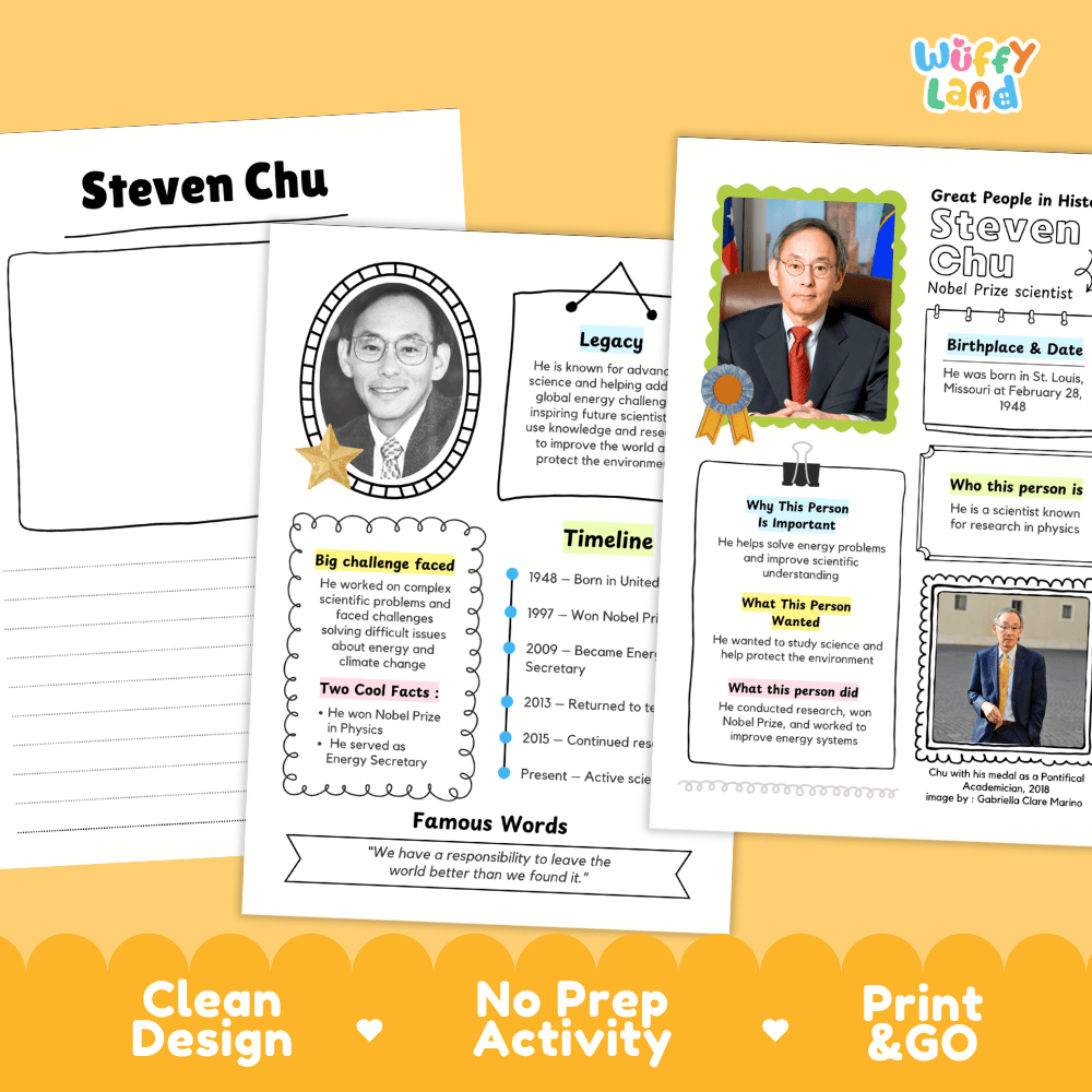Great People in History student fact profile card detailing Steven Chu's birthplace, physics research, and Nobel Prize achievement