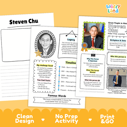 Great People in History student fact profile card detailing Steven Chu's birthplace, physics research, and Nobel Prize achievement
