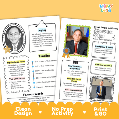 Educational biography summary worksheet featuring a chronological timeline, famous quote, and lined student writing page