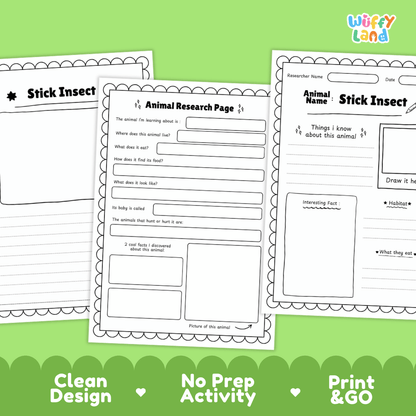 Stick Insect Animal Research Worksheets and Informational Fact Sheets