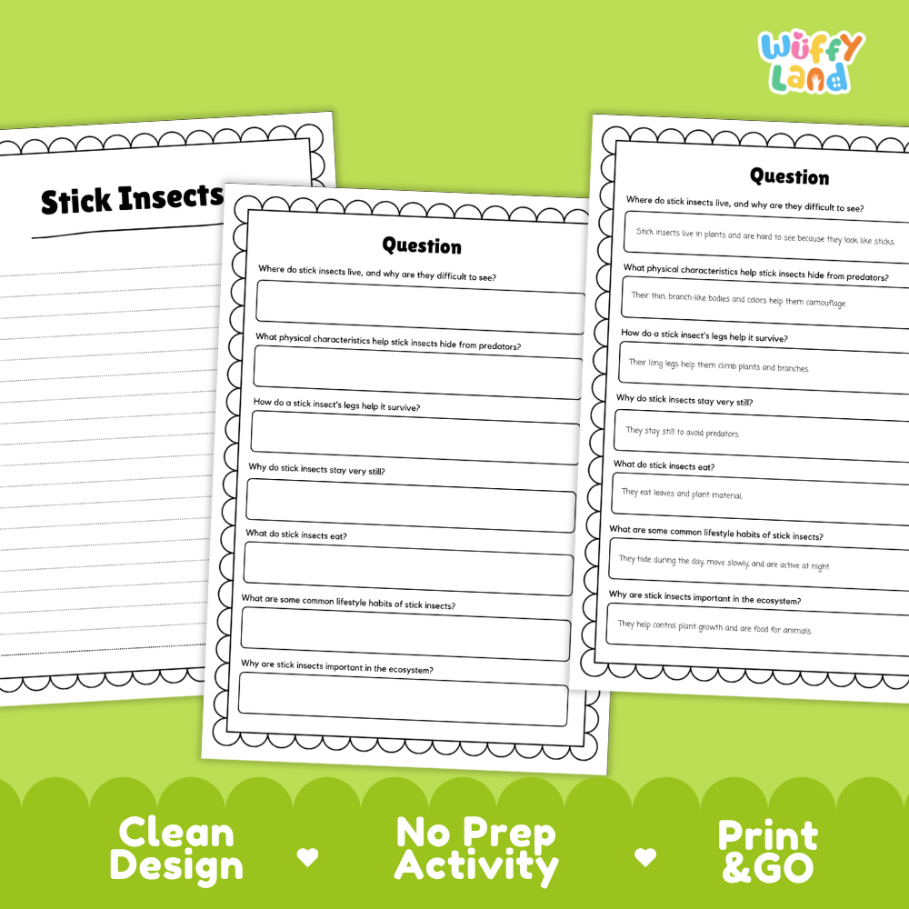 Three printable science activity sheets for insects on a bright green background. The sheets include a 'Stick Insects' worksheet and two 'Question' worksheets with writing and multiple-choice sections.