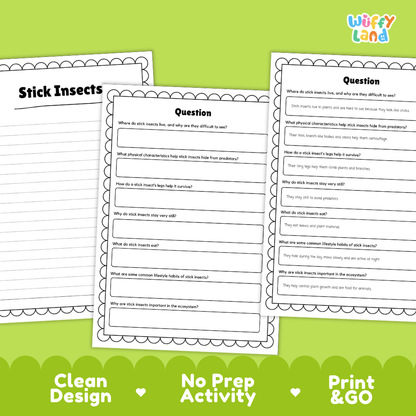 Three printable science activity sheets for insects on a bright green background. The sheets include a 'Stick Insects' worksheet and two 'Question' worksheets with writing and multiple-choice sections.