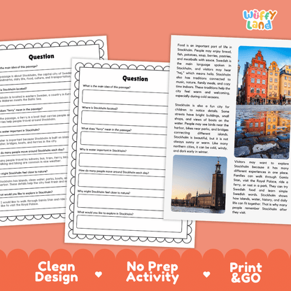 Student reading passage titled A City on Islands detailing Stockholm Sweden Gamla Stan Royal Palace ferry transit and island city photography