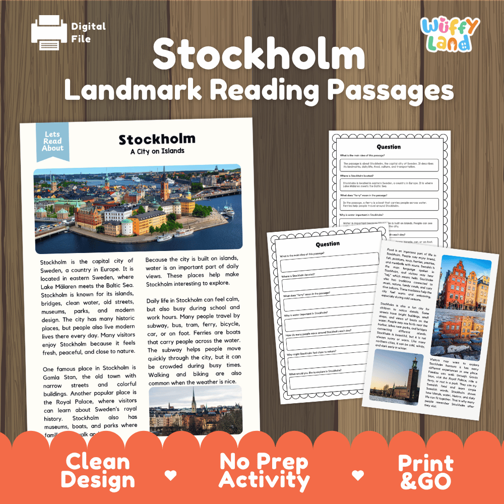 Stockholm landmark reading passage and comprehension worksheet educational unit featuring nonfiction text and authentic Swedish island city photography