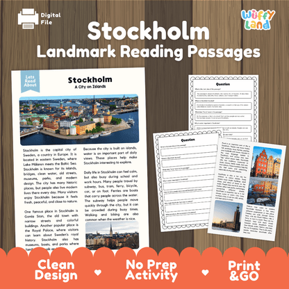 Stockholm landmark reading passage and comprehension worksheet educational unit featuring nonfiction text and authentic Swedish island city photography