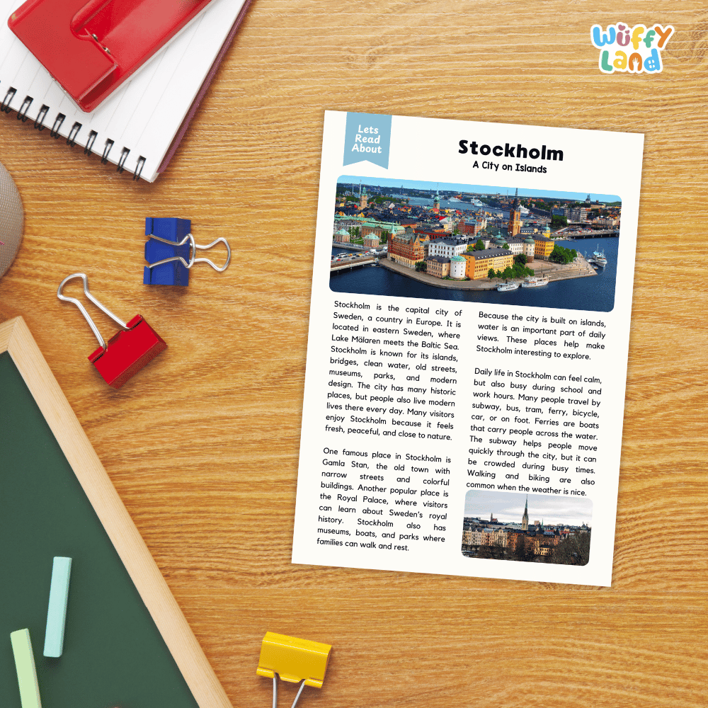 Lined reading comprehension question worksheet covering main ideas vocabulary terms and landmark facts about Stockholm Sweden