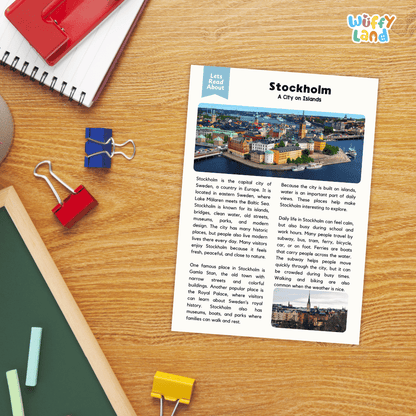 Lined reading comprehension question worksheet covering main ideas vocabulary terms and landmark facts about Stockholm Sweden
