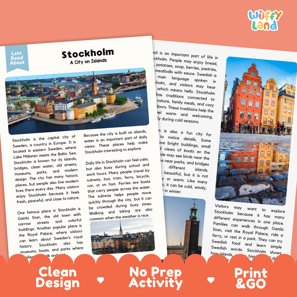 Reference sheet and answer key for Stockholm landmark reading passage displaying completed comprehension answers and European geography facts