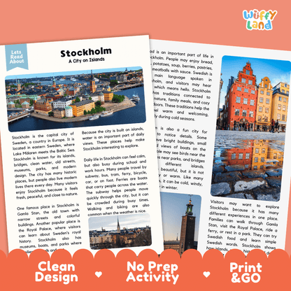 Reference sheet and answer key for Stockholm landmark reading passage displaying completed comprehension answers and European geography facts