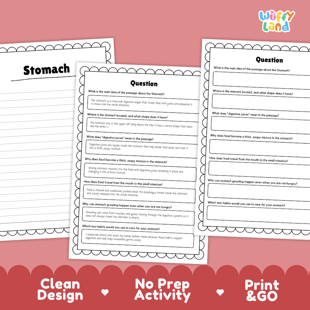 Informational reading passage page detailing the human stomach digestion esophagus juices and healthy eating habits with diagrams