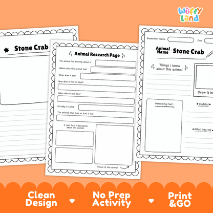 Stone Crab Animal Research Worksheets and Informational Fact Sheets