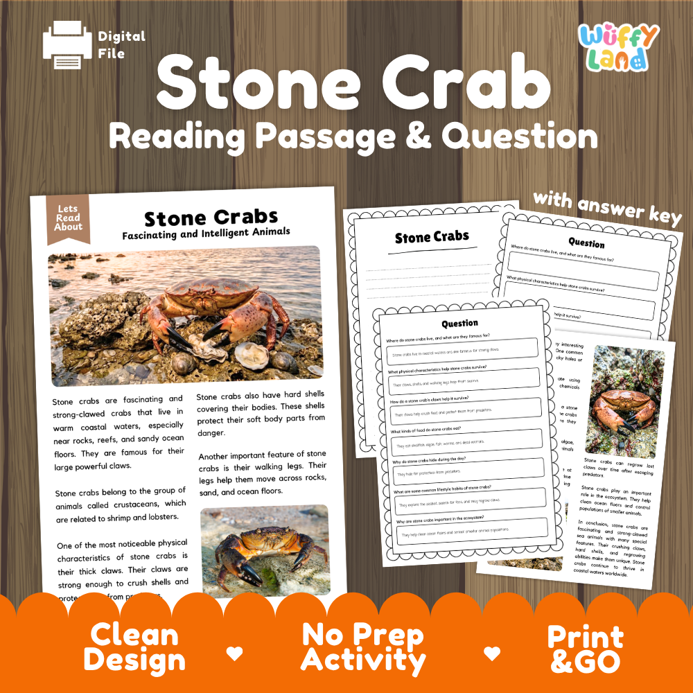 Digital reading activity bundle for 'Stone Crab' featuring a reading passage, comprehension questions, and an answer key, presented on a wood-grain background with promotional text banners at the bottom.