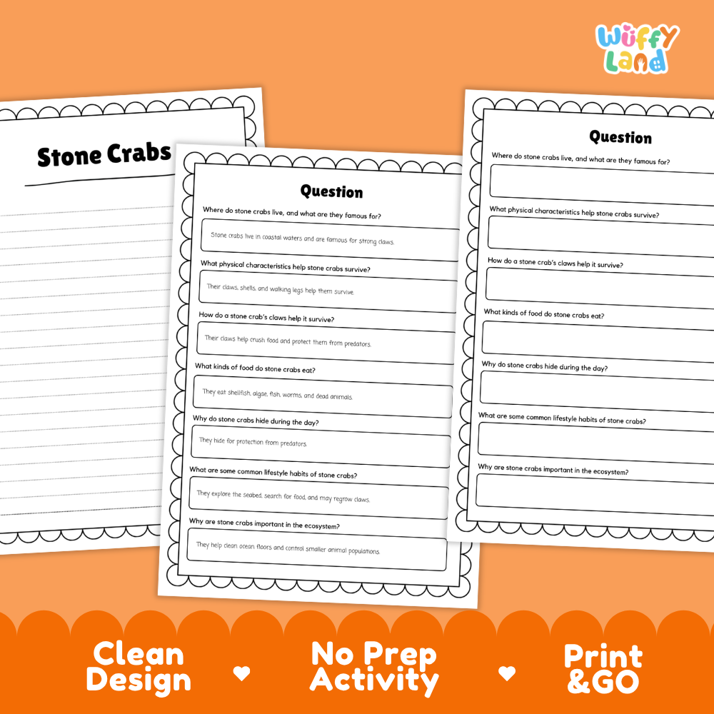 Three printable worksheet pages about stone crabs are shown on an orange background. The pages have black outlines, white paper, and printed text with writing prompts.