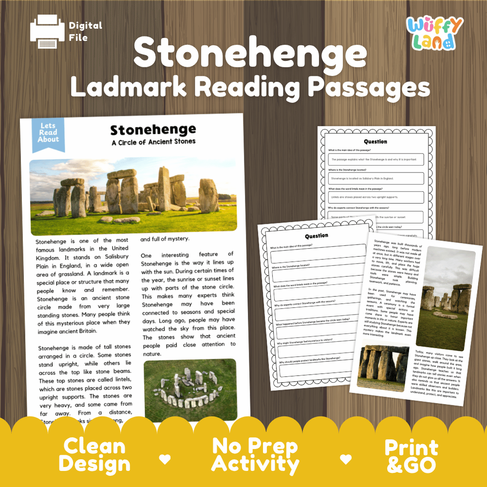 Digital reading passage activity sheet set for Stonehenge, shown on a wood background with the title 'Stonehenge Ladmark Reading Passages' and a 'Wiffy Land' logo. The layout includes a main text page, a questions page, and a short answer page, with promotional text at the bottom.
