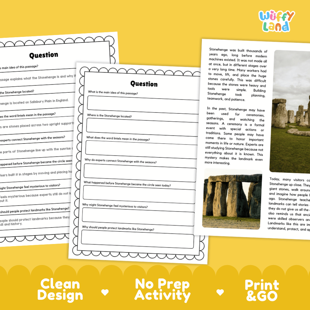 Three printed worksheet pages about the Stonehenge mystery are arranged on a yellow background with promotional text reading 'Clean Design,' 'No Prep Activity,' and 'Print & Go.' The pages include headings, short text, and small embedded photos of Stonehenge.