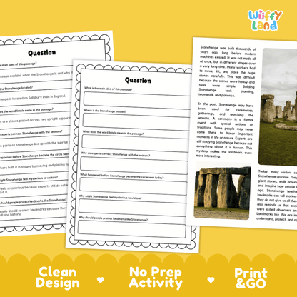 Three printed worksheet pages about the Stonehenge mystery are arranged on a yellow background with promotional text reading 'Clean Design,' 'No Prep Activity,' and 'Print & Go.' The pages include headings, short text, and small embedded photos of Stonehenge.