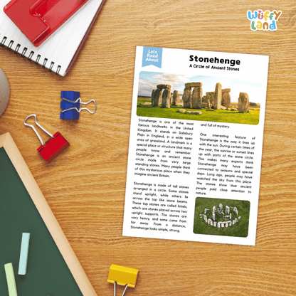 A printed educational card titled 'Stonehenge: A Circle of Ancient Stones' with text, a stonehenge photo, and a small diagram, placed on a wooden desk with colorful paperclips and notebooks around it. The 'Wiffle Land' logo appears in the top right corner.