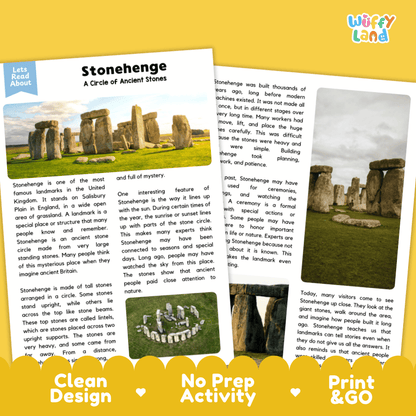 Two printed activity sheets for a children's outdoor reading and writing activity about Stonehenge, shown on a light gray background with a blue 'Wuffly Land' logo banner. The left sheet has a photo of Stonehenge and the title 'Stonehenge'; the right sheet contains text about the site.